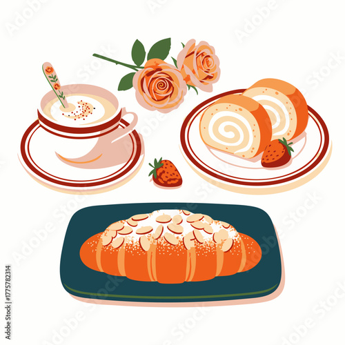 A delightful illustration showcases a creamy beverage, a delectable swiss roll, a flaky croissant, and fresh strawberries, complemented by the elegance of roses.
