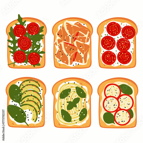A colorful illustration showcases a variety of delicious and artistically arranged toast toppings, perfect for a healthy and flavorful breakfast or brunch.