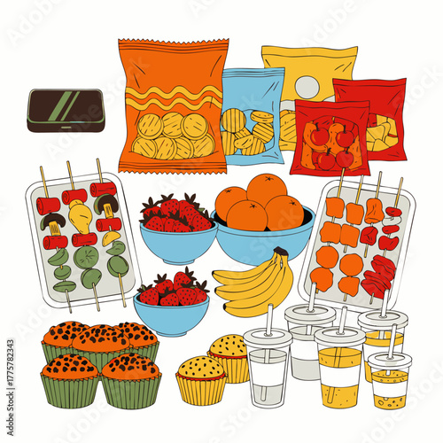 A colorful illustration showcases various snacks and food items, including chips, fruits, muffins, and beverages, perfect for a picnic.