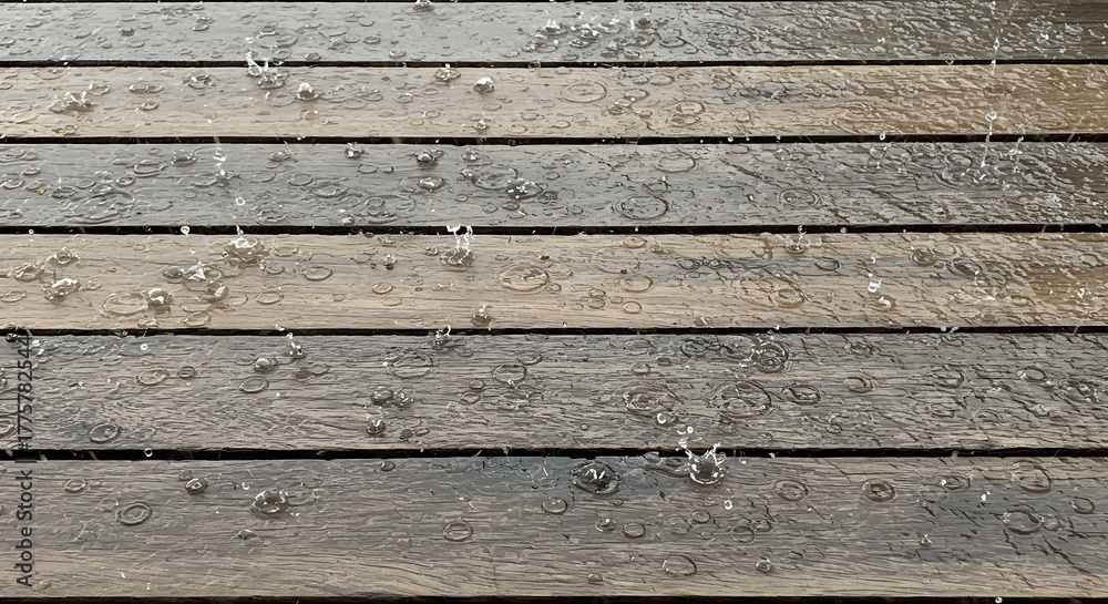 Obraz premium Raindrops Falling on Wooden Deck Moody Natural
