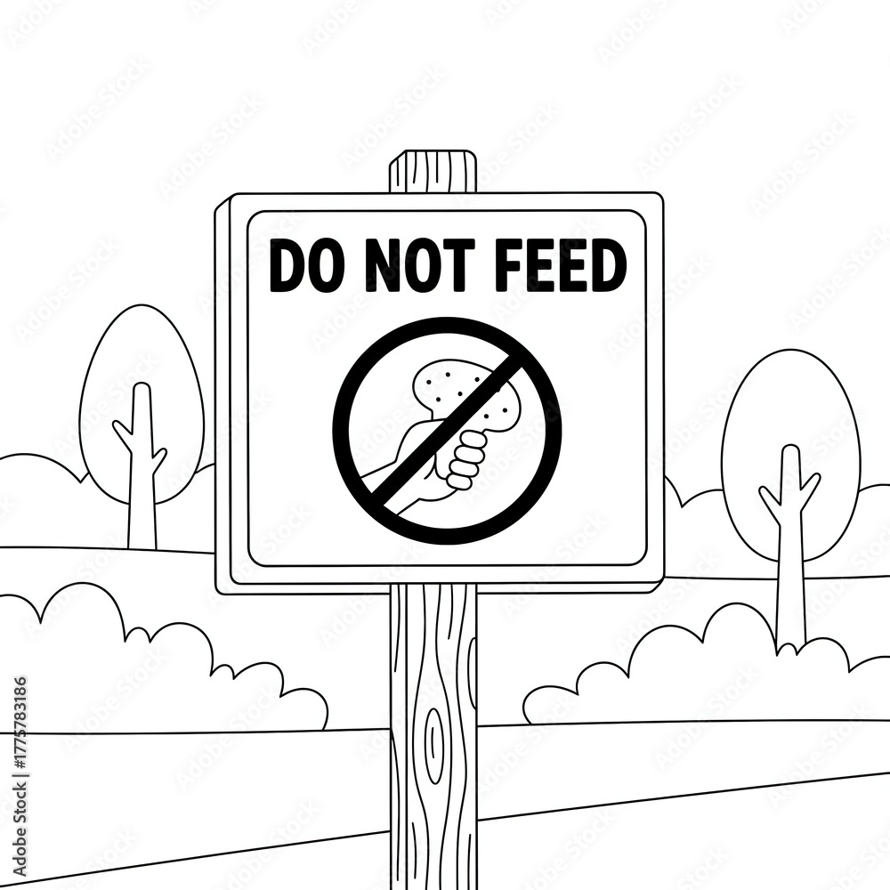 Naklejka premium A sign that says DO NOT FEED with a crossedout hand holding food, coloring page for kids