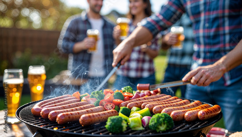 Friends grilling sausages and vegetables on a barbecue in the backyard
