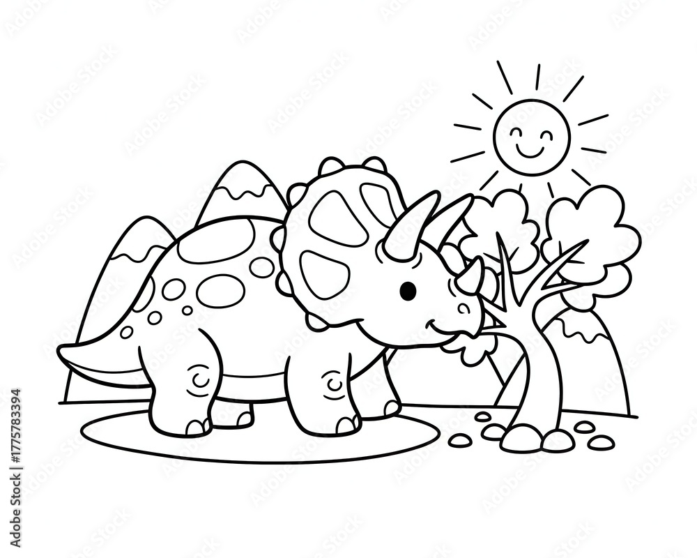 Fototapeta premium A triceratops stands in a landscape with mountains and a tree under a smiling sun, coloring page for kids
