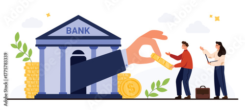 Bank building with large hand giving money to business people, representing financial support, investment, and loan approval process, isolated on white background vector illustration