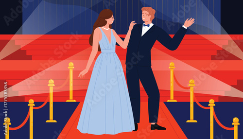 Glamorous man and woman in formal evening attire posing together on a red carpet event with spotlights and velvet ropes, perfect for celebrity or award themes vector illustration