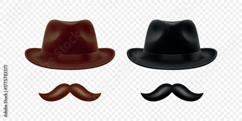 Vector 3d Realistic Hat and Mustache Set in Brown and Black. Vintage Gentleman Hat and Mustache for Barbershop, Retro Costume, Hipster Design. Hat and Mustache Illustration