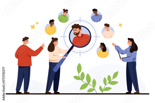 Team analyzing target audience profiles for customer centric marketing strategy, focusing on personalized engagement and user segmentation, isolated on white background vector illustration