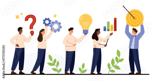 Teamwork concept showing people solving problems, generating ideas, analyzing data, and reaching targets, ideal for business and motivation themes, isolated on white background vector illustration
