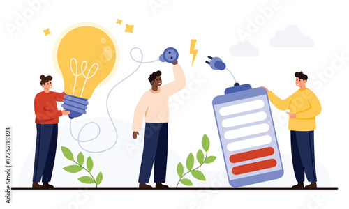 People collaborating to create energy and ideas, featuring a giant light bulb, battery, and plug, symbolizing innovation and teamwork, isolated on white background vector illustration