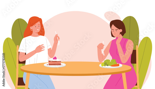 Two women sitting at a table, one enjoying cake while the other looks envious with a plate of salad, highlighting food jealousy and dietary differences, vector illustration
