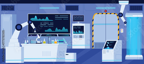 High-tech laboratory with robotic arms, scientific equipment, and warning signals depicting a possible accident or emergency situation in a modern research facility vector illustration
