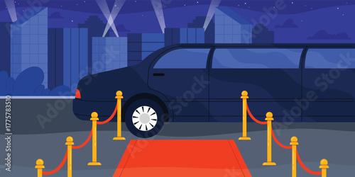 Elegant black limousine parked by red carpet with city skyline and spotlights at night, showcasing luxury event transportation, exclusive entrance, and VIP experience vector illustration