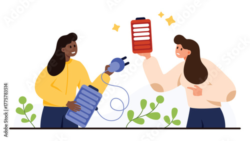 Two women sharing energy, one holding a low battery and the other offering support, symbolizing therapy, encouragement, and emotional recharge, isolated on white background vector illustration