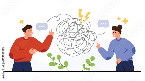 Two people facing communication issues with tangled lines and speech bubbles, representing misunderstanding, confusion, and conflict, isolated on white background vector illustration