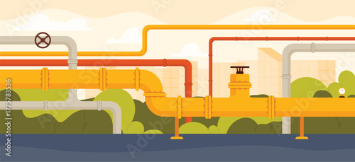 Industrial oil factory pipeline system with valves and pipes transporting fuel across facility, surrounded by greenery and buildings, energy infrastructure concept vector illustration