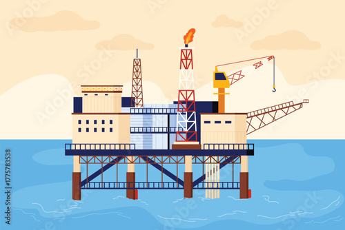 Modern offshore oil rig platform with cranes, drilling towers, and ocean background, designed for energy industry, petroleum extraction, and engineering projects vector illustration