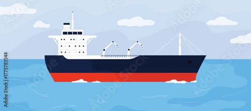 Modern oil tanker ship sailing on blue ocean with cranes and white clouds, designed for maritime, shipping, and transportation concepts vector illustration