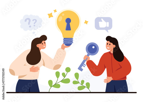 Two women exchanging a key and lightbulb with keyhole, representing finding solutions, unlocking potential, and therapy concepts, isolated on white background vector illustration