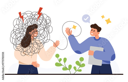 Mental health professional assists anxious woman with tangled thoughts, symbolizing therapy for overthinking, stress, and anxiety, isolated on white background vector illustration