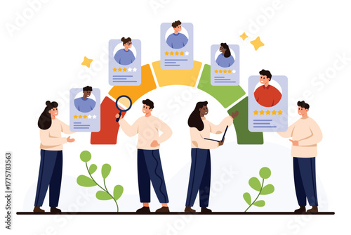 Team managers assessing employee profiles with star ratings, highlighting performance review, evaluation, and feedback process in a modern workplace vector illustration