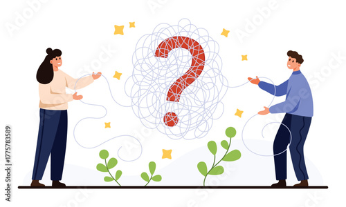 Two people collaborate to untangle a complex mess around a large question mark, representing teamwork and creative problem solving, isolated on white background vector illustration