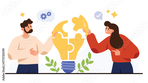 Two people collaborate to complete a light bulb made of puzzle pieces, symbolizing creative teamwork, innovation, and idea generation, isolated on white background vector illustration