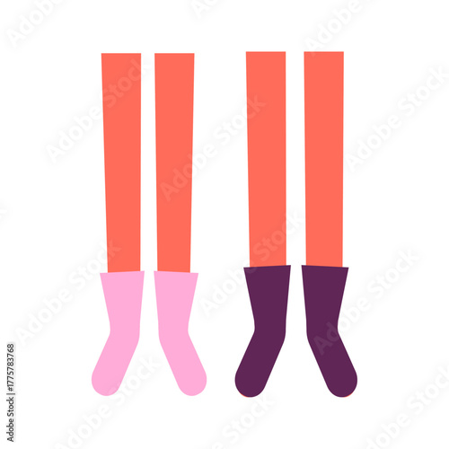 Abstract graphic design concept showing two pairs of stylized legs wearing colorful socks