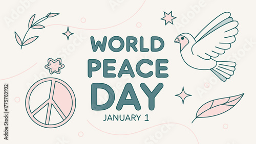 Celebrate world peace day january first with dove peace sign and floral elements for a peaceful new year