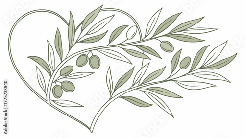 Olive branch heart vector design, botanical illustration for wedding invitation and logo design template