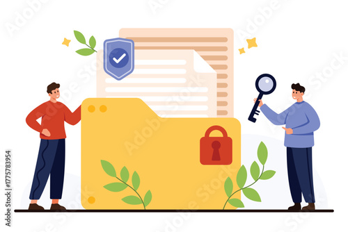 Large folder with lock, document, shield, and key symbolizes confidential data protection, privacy, and secure information management isolated on white background vector illustration