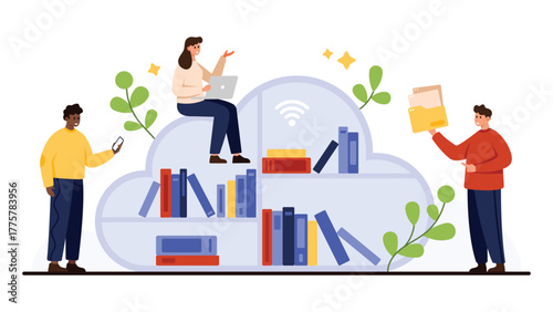 Modern digital library concept with people using cloud storage for books, files, and wireless data sharing, representing online education and information access isolated on white background vector