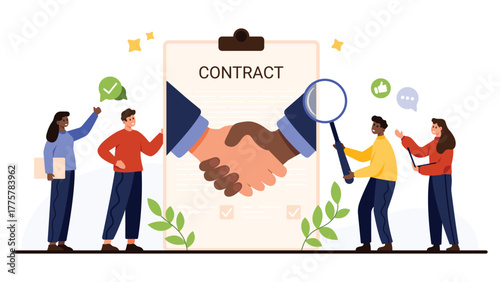 Business people shaking hands in front of a large contract document, teamwork, agreement, partnership, and deal approval with magnifying glass and check marks isolated on white background vector