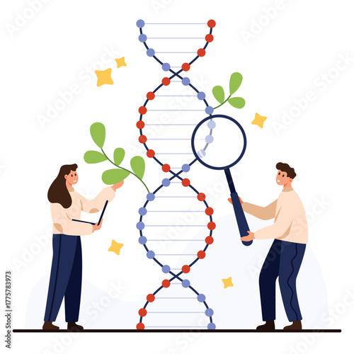 Genetic research concept showing two scientists examining DNA double helix with magnifying glass and plants, symbolizing biotechnology, genome study, and molecular biology isolated on white background