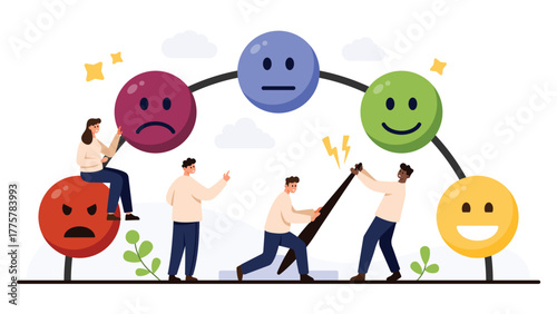 People interacting with colorful emoticons representing different emotions, mood feedback, and stress levels, useful for mental health or HR concepts, isolated on white background vector illustration