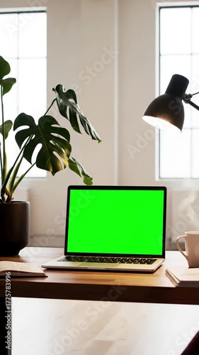 Productivity & Comfort with home office laptop mockup green screen for playlist music and aroma coffee document book on table decor as a lamp monstera tree pot plants house modern loft interior