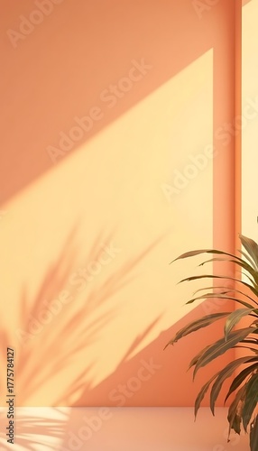 Soft orange wall with sunlight shadows and a tropical plant