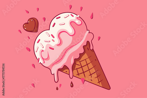 Heart-Shaped Strawberry Ice Cream Cone on Pink Background - Generative AI