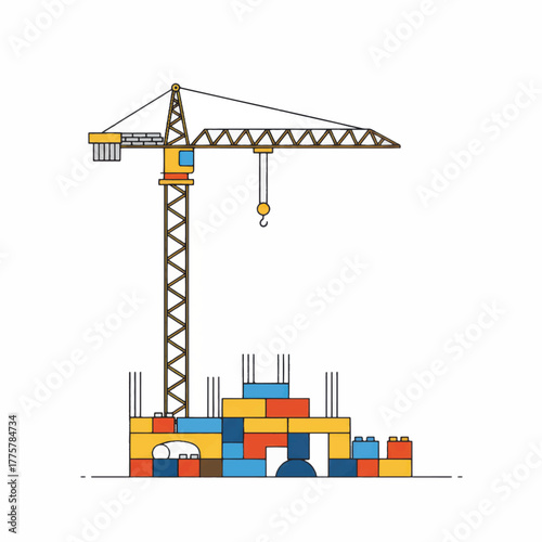 Construction Crane Building a Structure with Colorful Toy Blocks.
