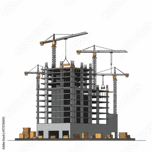 High rise building under construction with multiple tower cranes.