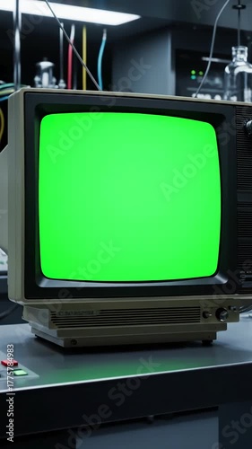 Laboratory Anomaly with retro 1980s tv vintage television a glitches noise interference green screen in distortion, overlay, glitch, static noise, scan lines on black background, 4k animated video