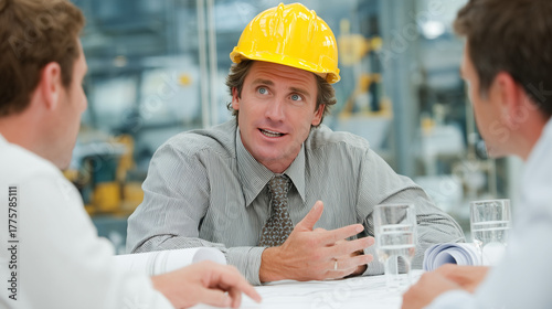 Business Meeting With Engineer in Yellow Hard Hat Discussing Plans at Industrial Site