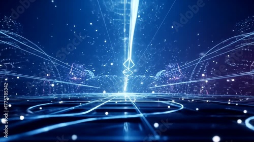 Futuristic digital landscape with glowing lines and particles in space