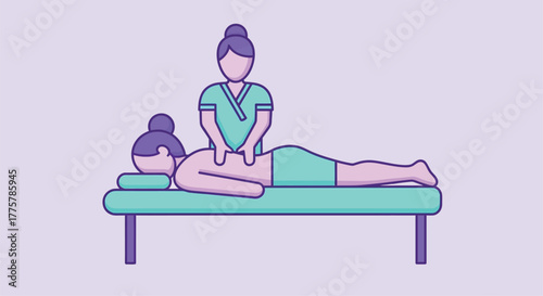 A calming illustration depicts a masseuse working on a client s back