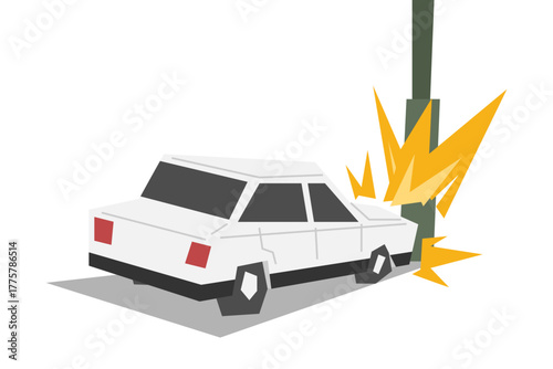 Car accident. A white car crashes into a utility pole. Vector illustration.