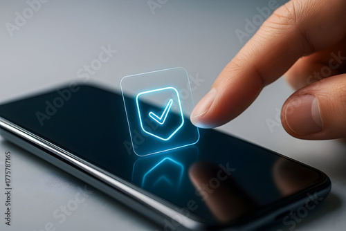 Tapping checkmark on smartphone verification concept