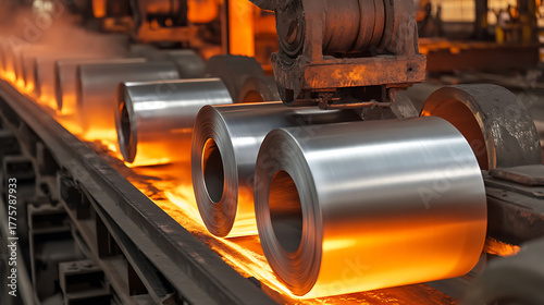 Steel manufacturing process: Hot rolling of metal coils. Industrial production with heat treatment and conveyor systems. Automated machinery in a manufacturing plant.