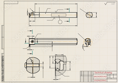 Mechanical engineering drawings on light background. Cutting tools, milling cutter. Technical Design. Cover. Blueprint. Horizontal seamless pattern. Vector illustration.