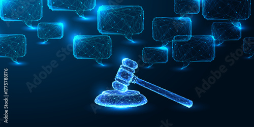 AI regulation and ethical governance concept with digital judge gavel and communication network