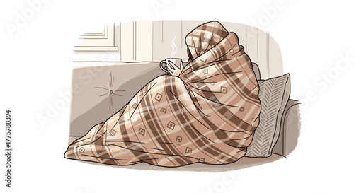 Warm blanket wrapped around person illustration for comfort lifestyle and cozy home concept