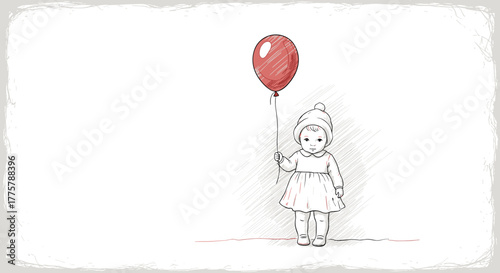 Child with only one balloon sketch for minimalist design and childhood memory concept